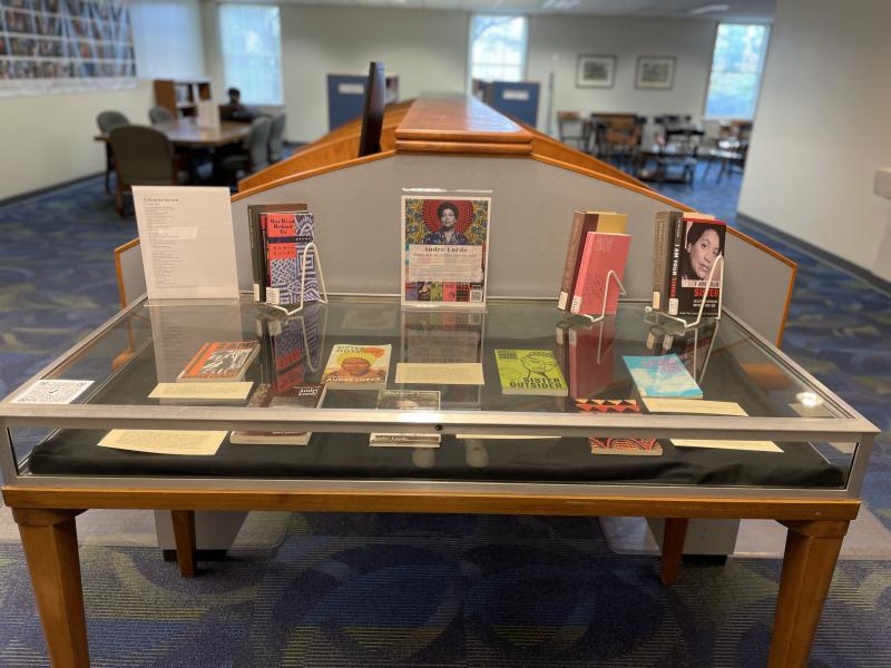 The Audre Lorde Display in Reeves Library featuring an assortment of her works as well as images and biographical information. 