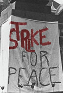 Strike for Peace spray painted on sheet
