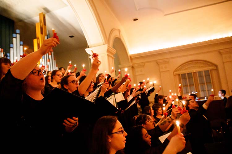 The choir sings during the candlelight portion of the Vespers service.