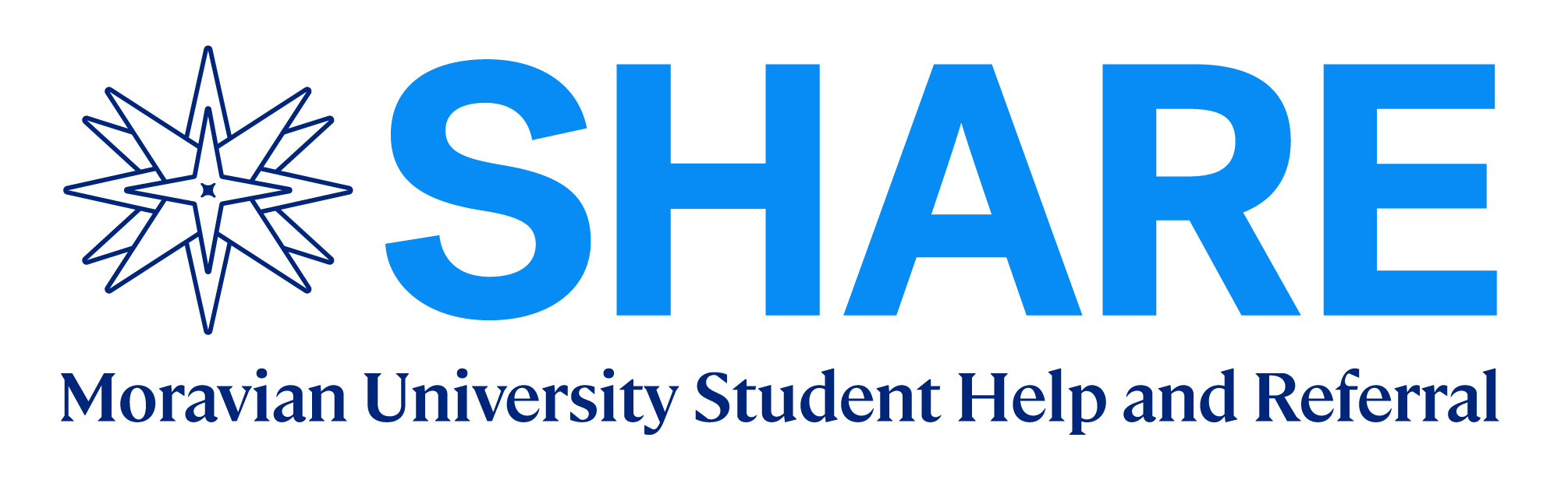 SHARE Team logo has the acronym SHARE in blue letters with a Moravian star to its left. Underneath, in darker blue, the words "Moravian University Student Help and Referral"