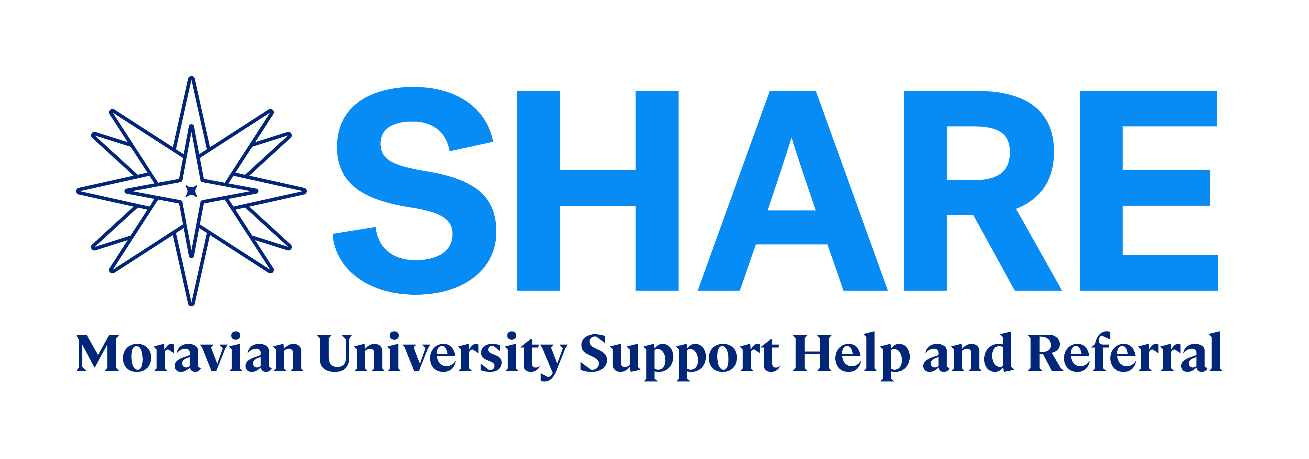 SHARE Team logo has the acronym SHARE in blue letters with a Moravian star to its left. Underneath, in darker blue, the words "Moravian University Support Help and Referral"