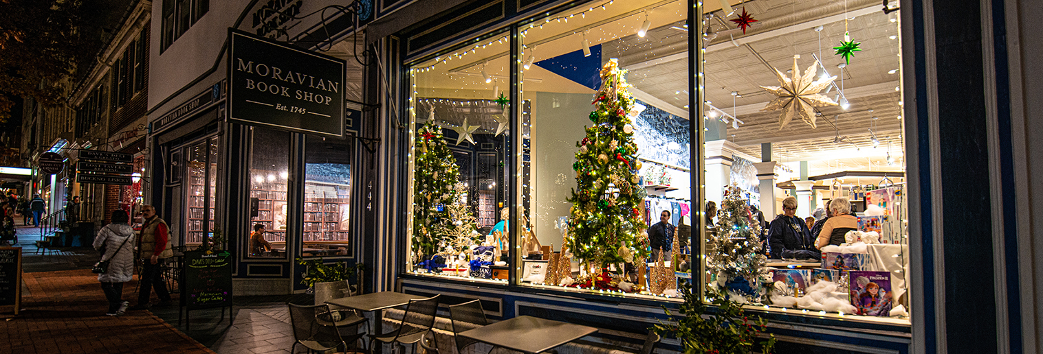 Moravian Bookshop window display at Christmas time