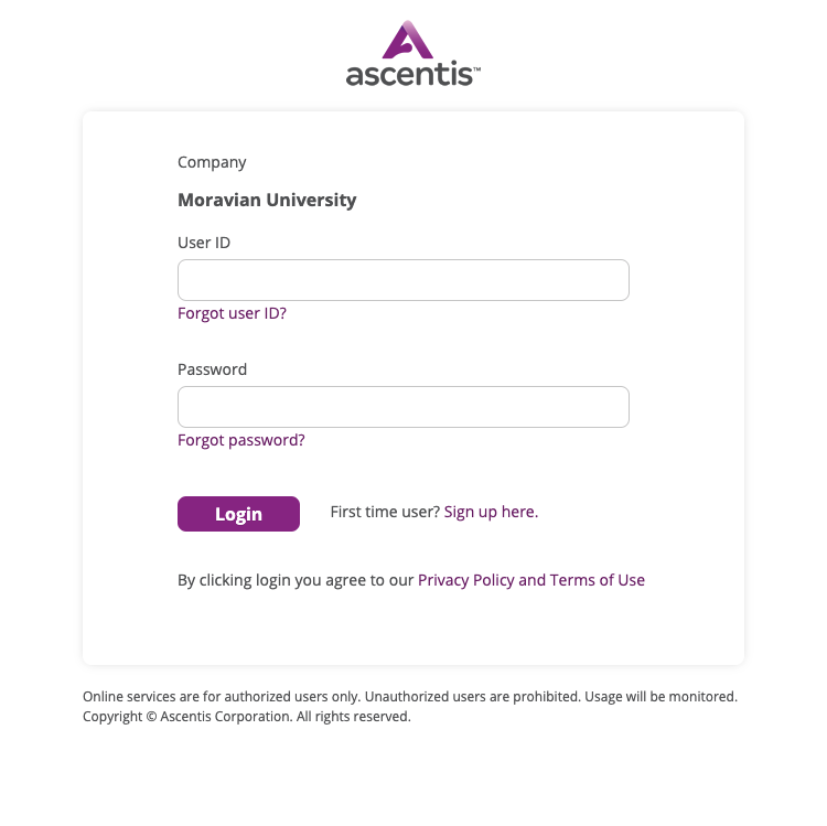 Ascentis Login prompt
