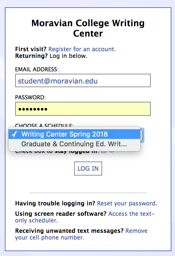 Screenshot showing the Writing Center schedule selection menu