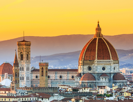 Panoramic view of Florence's Duomo cathedral at sunset